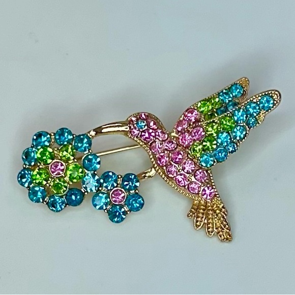 VTG Monet - Crystal-Encrusted Hummingbird & Flower Signed Brooch/Pin EUC - Picture 3 of 14